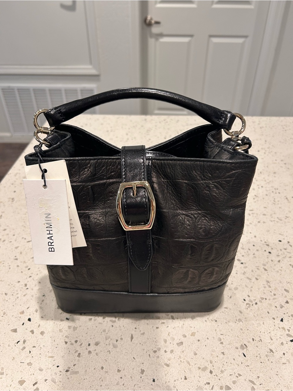 Brahmin Black Croc-Embossed Top-Handle Bucket Bag with Gold Buckle